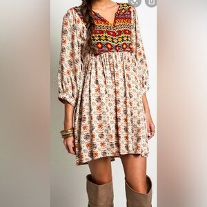 New with tags, women’s Umgee tribal dress, multicolor/beige, 3/4 sleeves